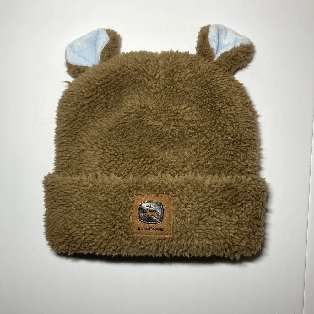 John Deere Brown Fuzzy Fleece Sherpa Hat Beanie Toddler Size Bear Ears Cute Cozy